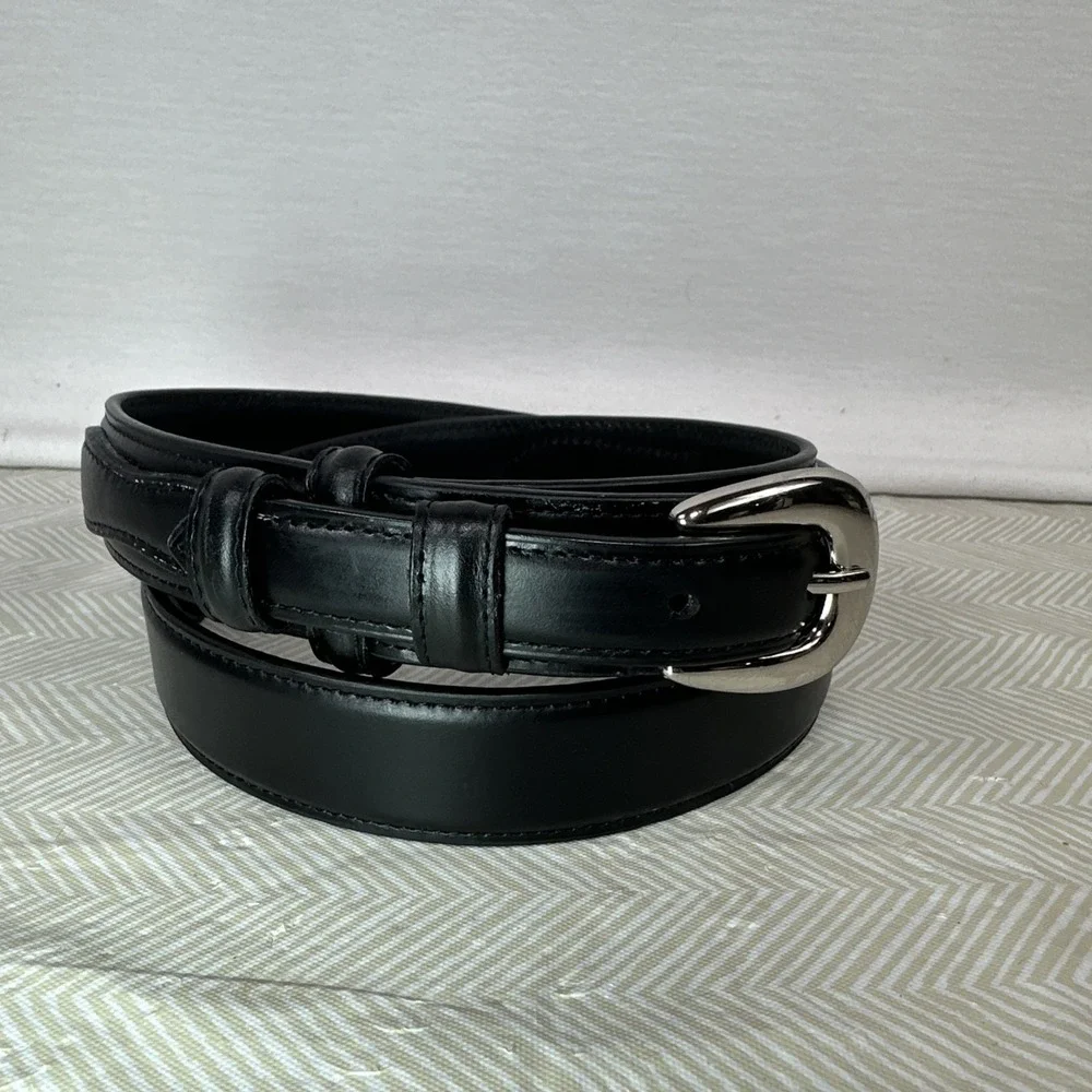 Top Grain Leather Belt Mens 36 Black‎ Silver Buckle Smooth Over Under
